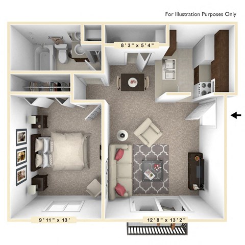 Floor plan for 1 bed, 1 bath, 570 sqft